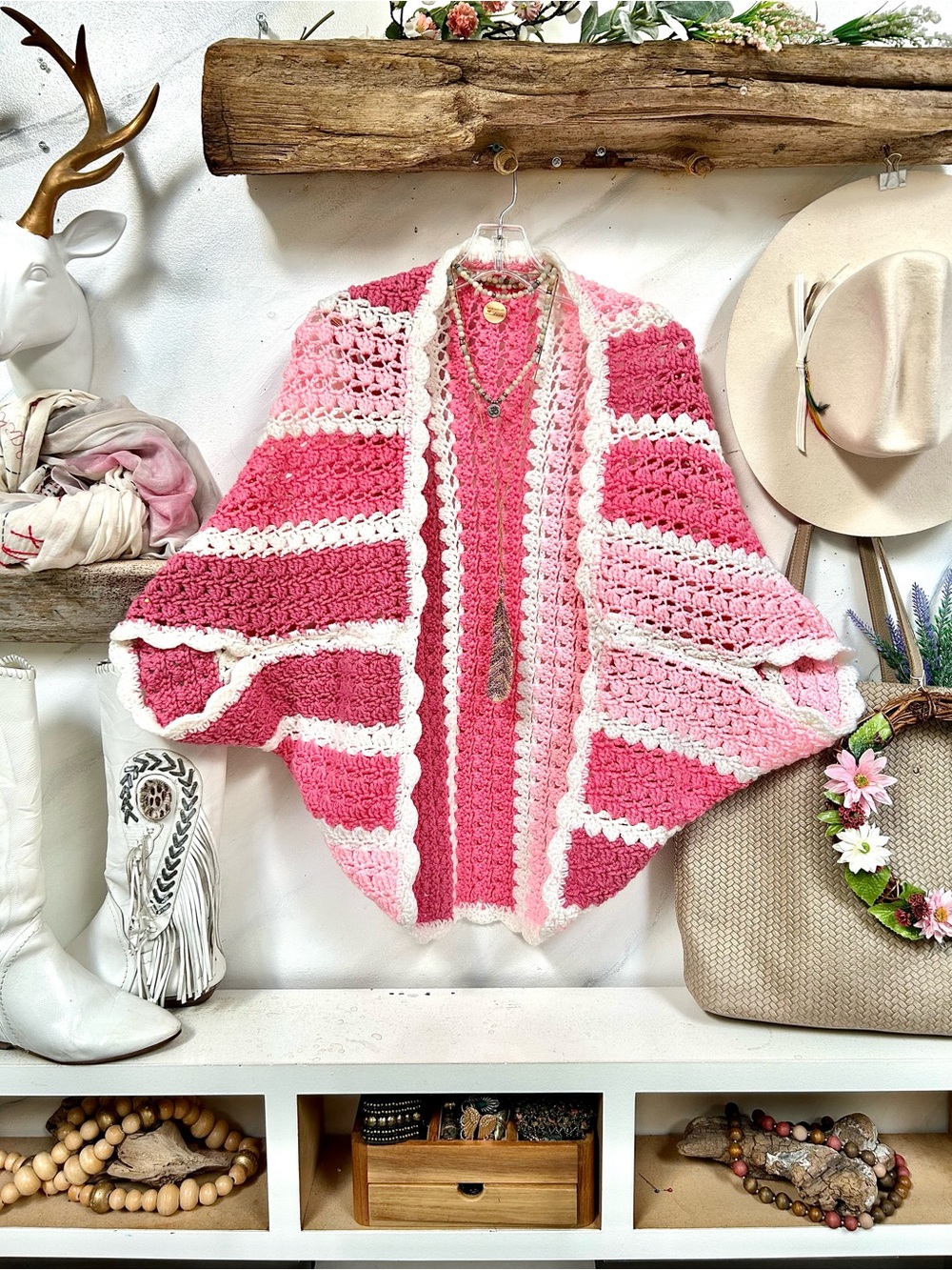 Artisan Pink & Cream Crochet Open Shrug cocoon kimono w cottagecore vibe